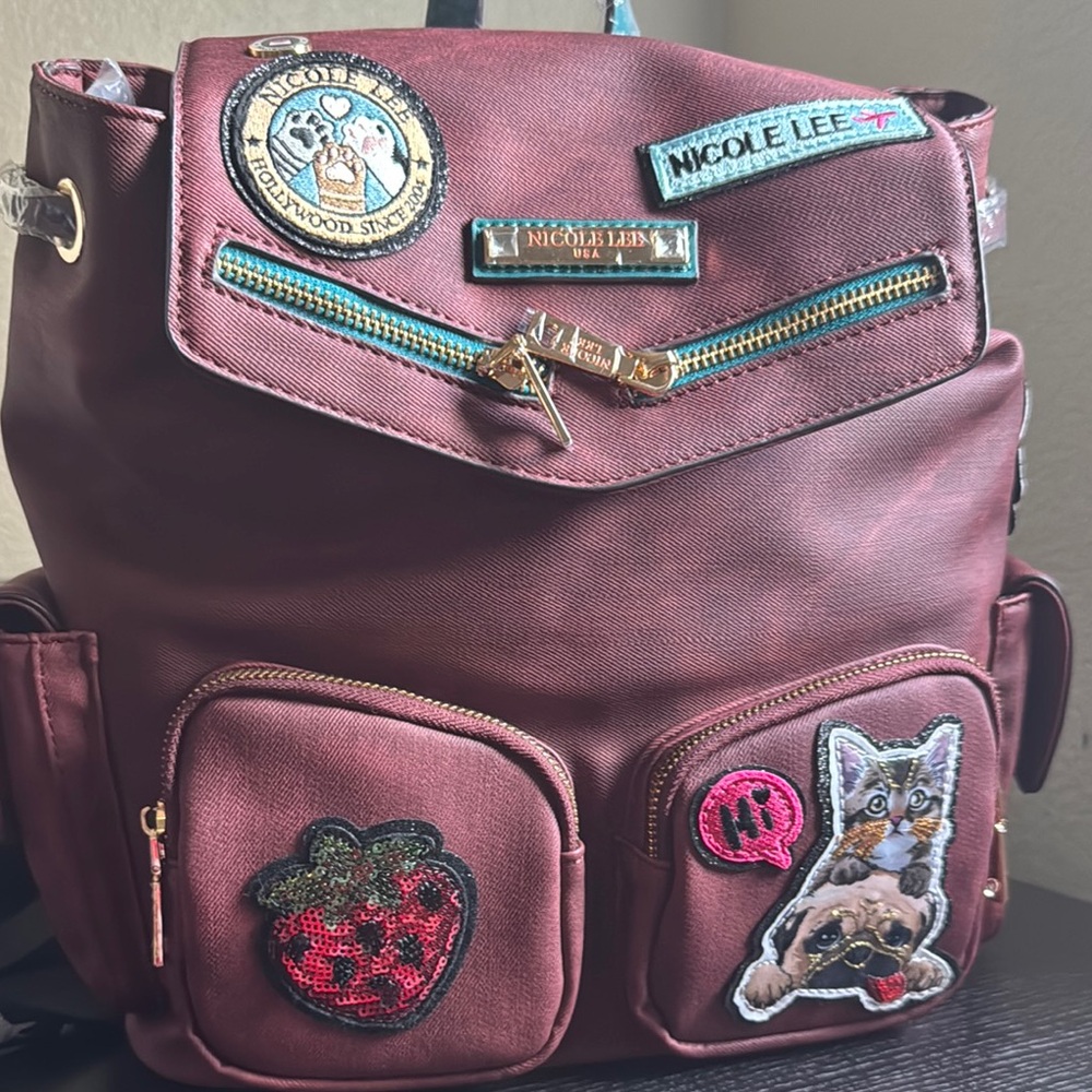 Nicole Lee Burgundy Backpack with Patches